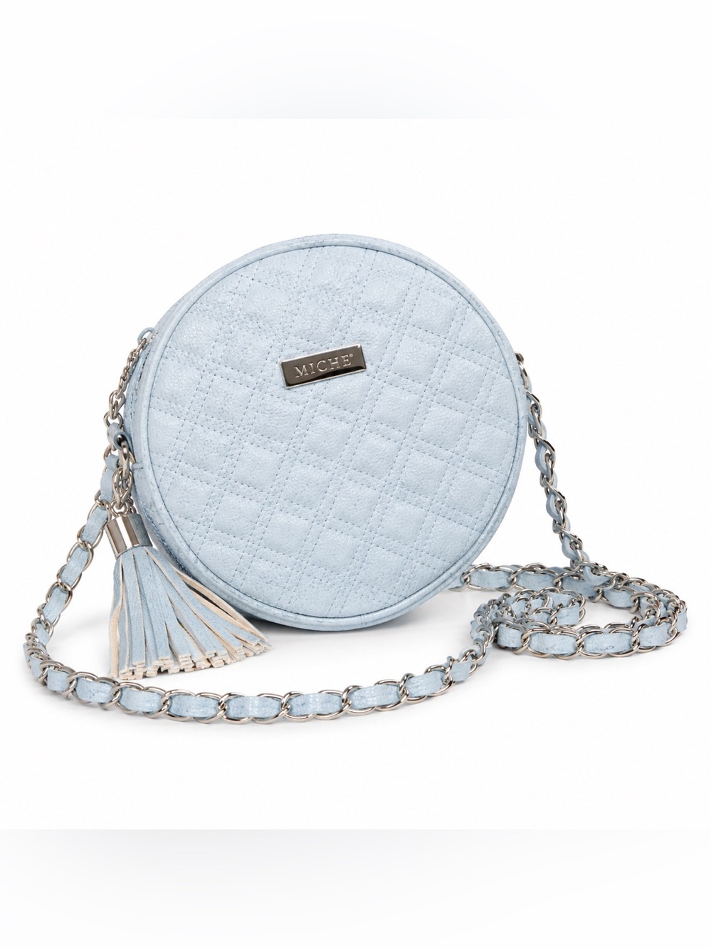 Miche Light Blue Quilted Round Crossbody with Tassels